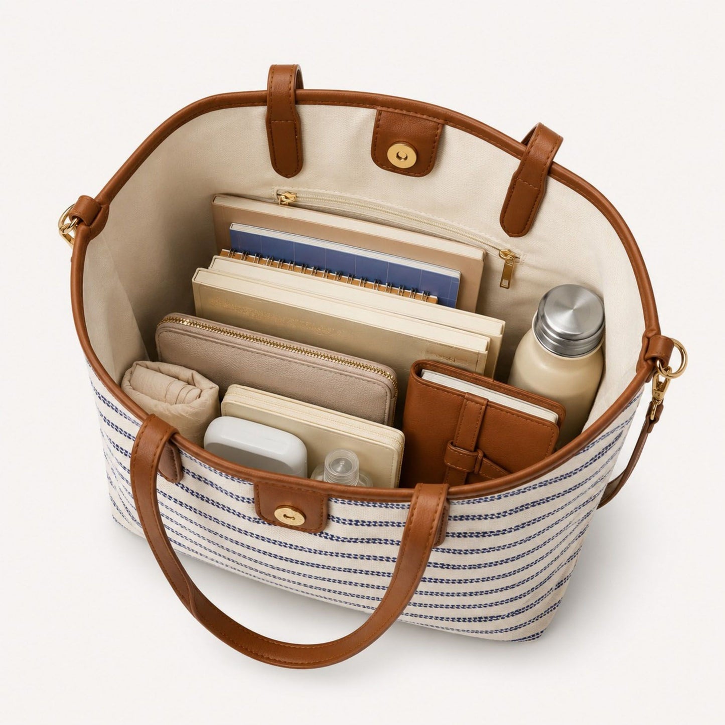 Striped Canvas Tote Bag with Faux Leather Trim and Large Capacity