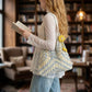Women's Crochet Woven Hobo Shoulder Bag with Daisy Charm and Lined Interior