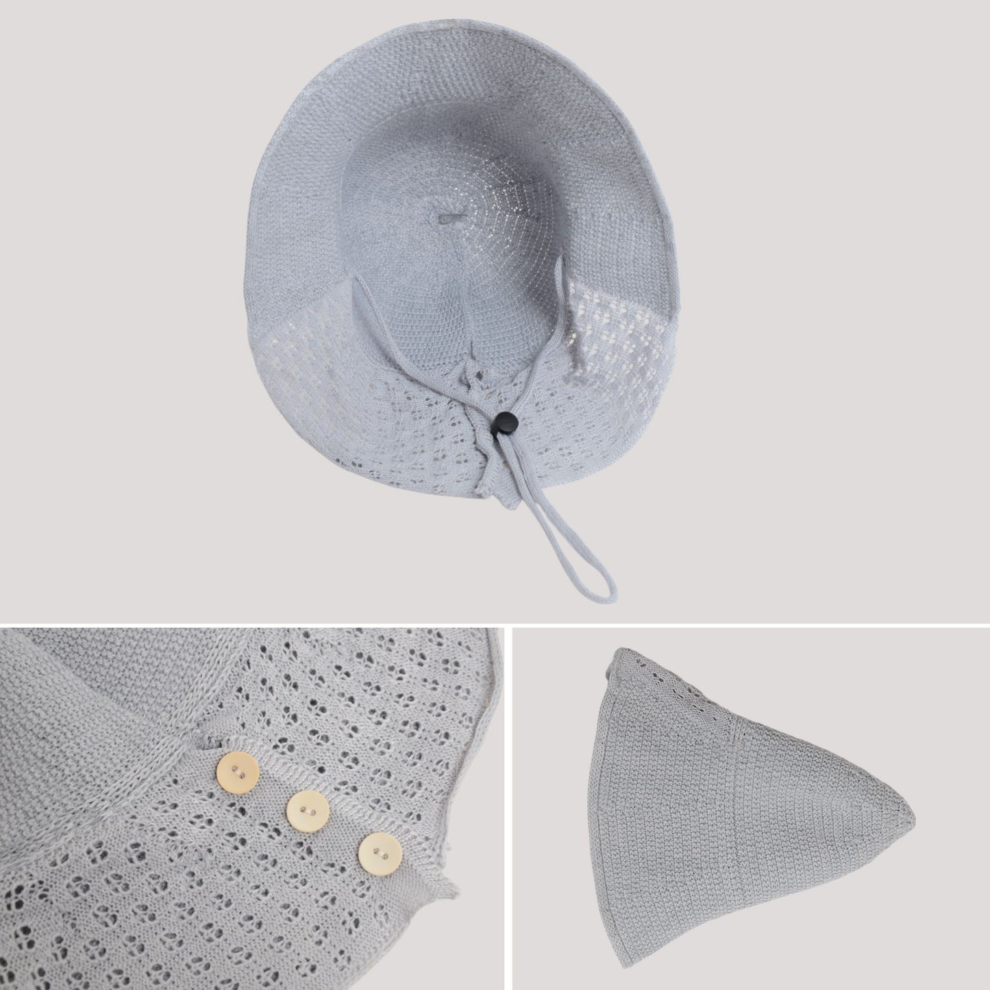 Crochet Bucket Hat with Adjustable Chin Strap and Back Button Eyelet Panel for Sun Protection