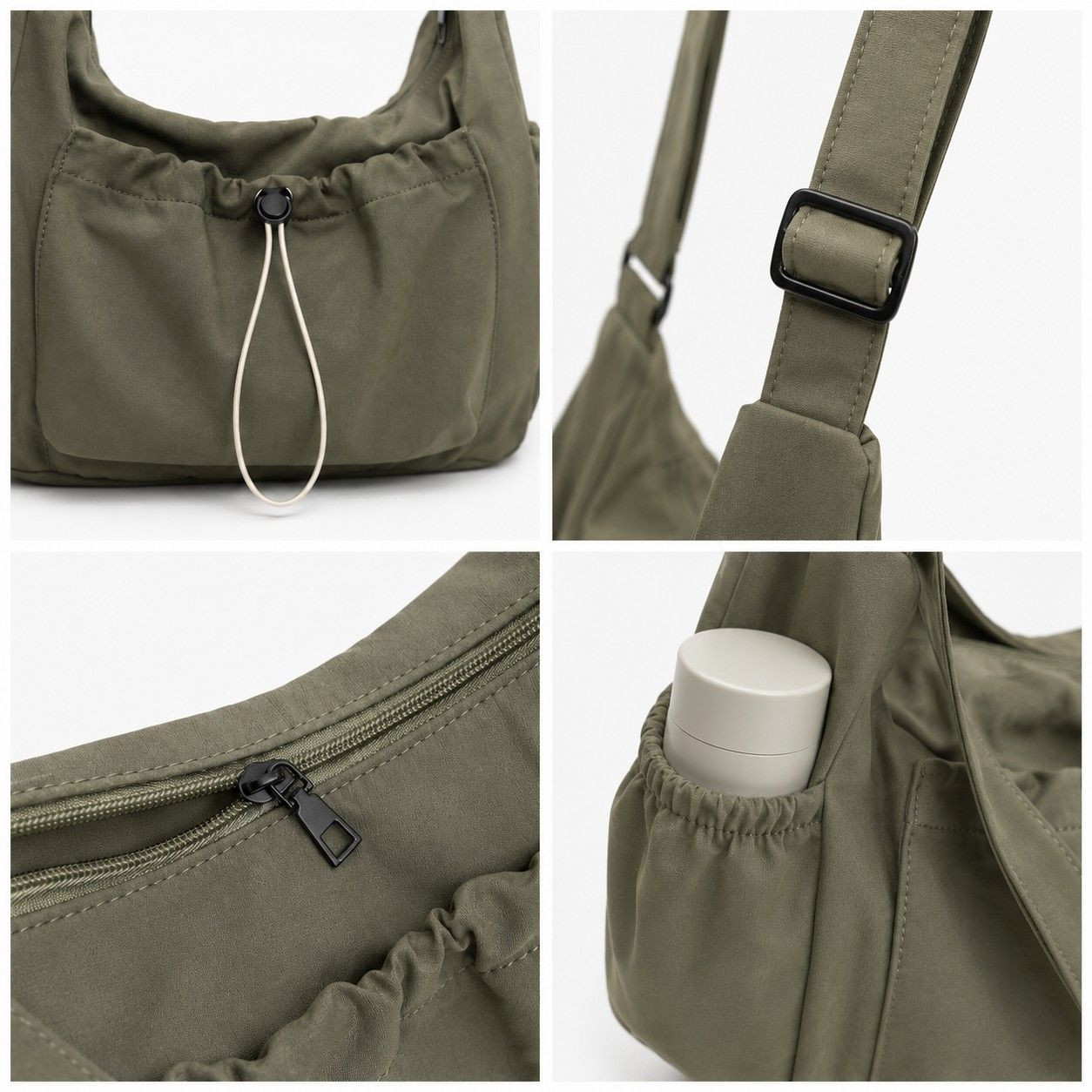 Crossbody Hobo Shoulder Bag with Adjustable Strap Zip Closure and Side Pockets