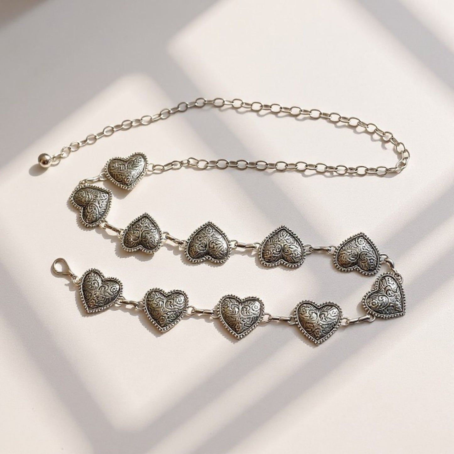Heart Link Chain Belt with Textured Metal Design and Adjustable Fit 45.5in Valentine