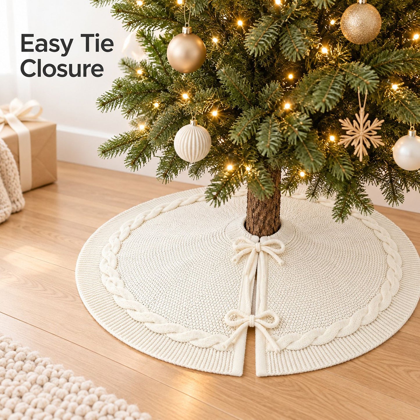 Cable Knit Christmas Tree Skirt with Bow Tie Closure
