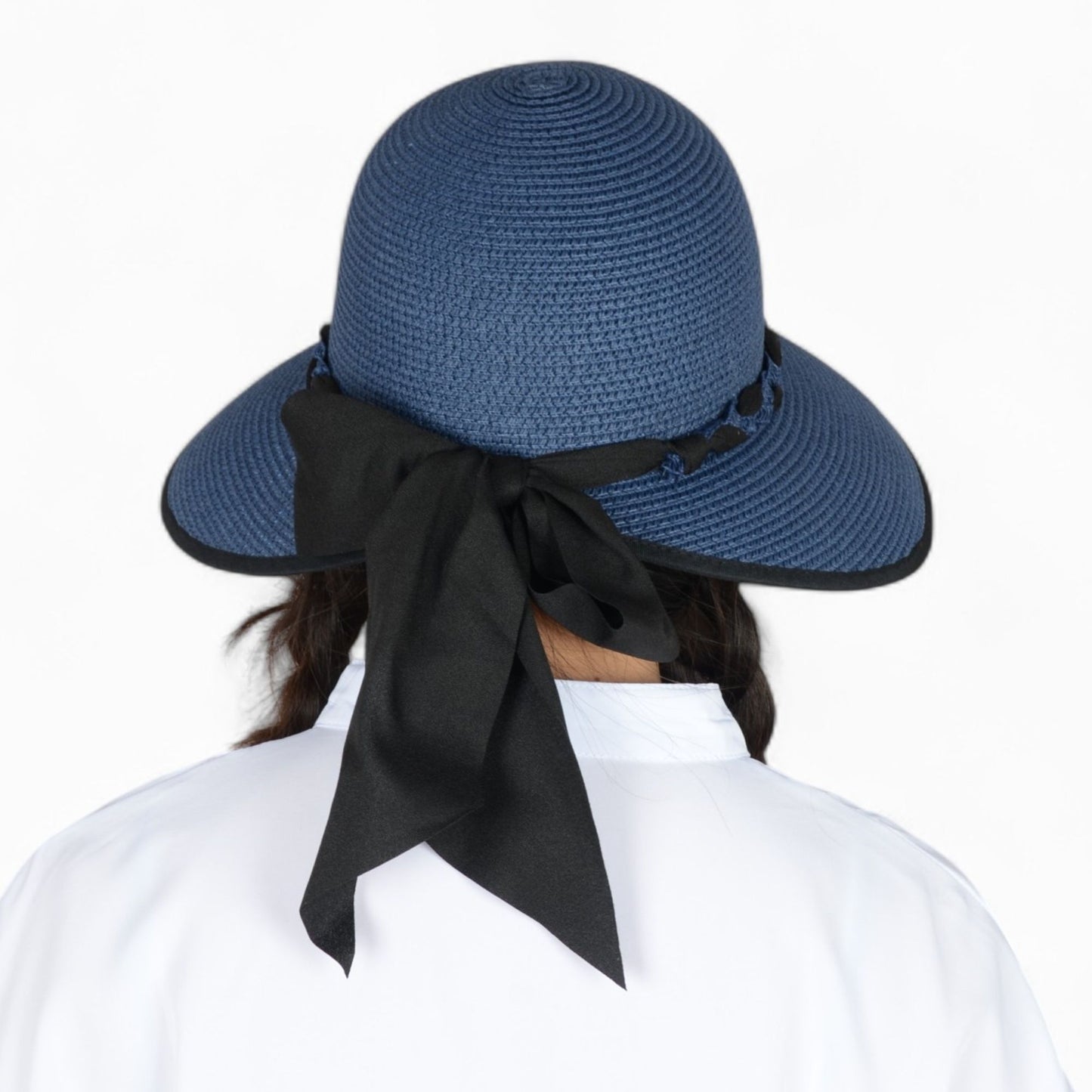 Women's Wide Brim Straw Hat with Braided Band and Contrast Bow Detail