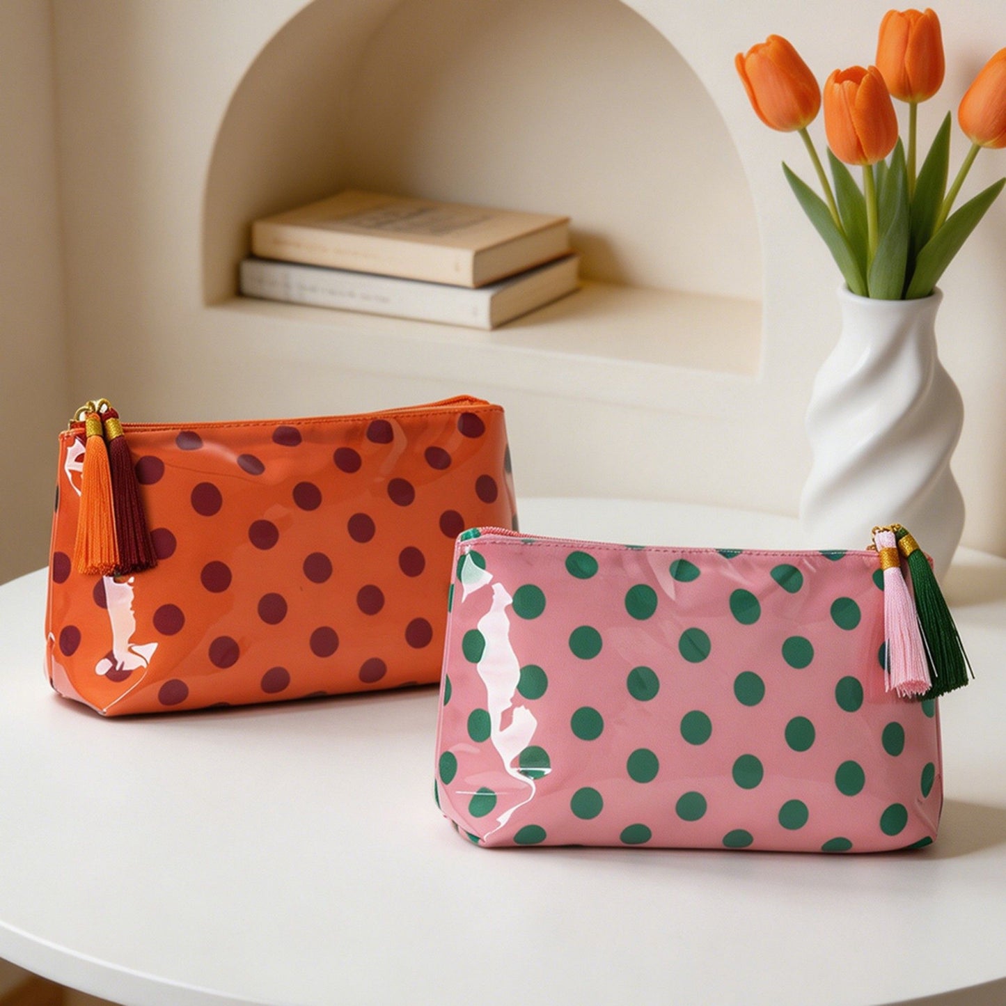 Large Polka Dot Cosmetic Bag Water Resistant Travel Toiletry Pouch with Tassels
