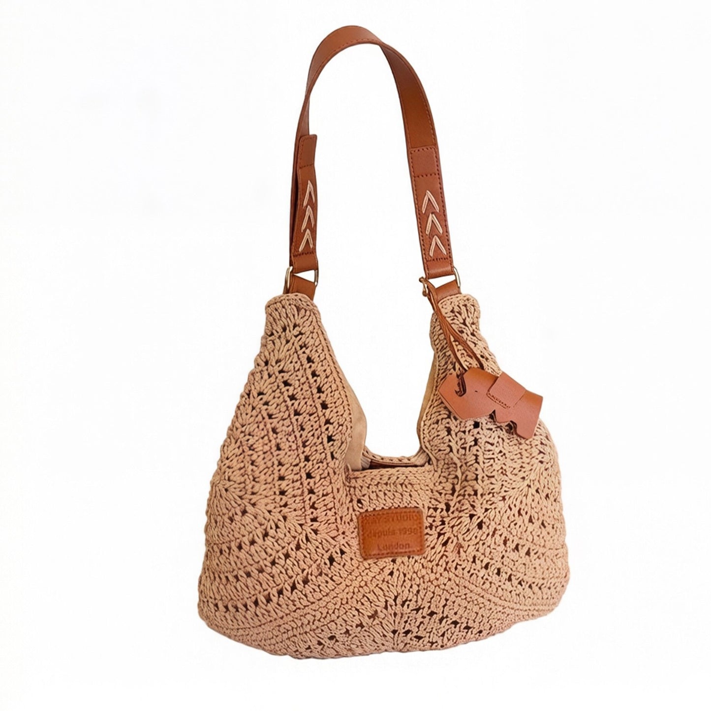 Woven Crochet Shoulder Bag with Embroidered Strap Slouchy Hobo Handbag Lightweight Knit Tote