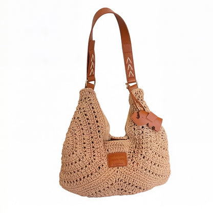Woven Crochet Shoulder Bag with Embroidered Strap Slouchy Hobo Handbag Lightweight Knit Tote
