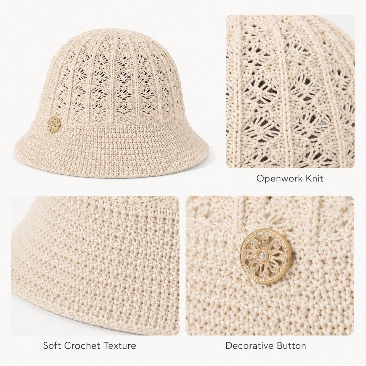 Crochet Knit Bucket Hat with Open Weave Crown and Soft Short Brim