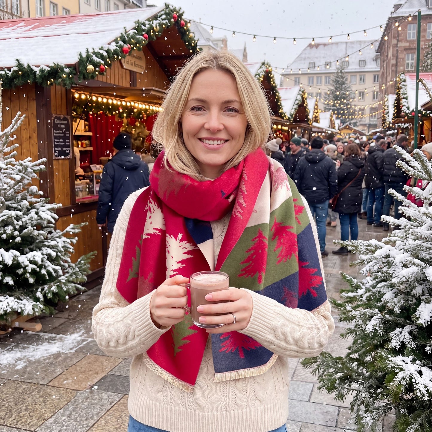 Christmas Tree Print Oversized Scarf Holiday Winter Wrap with Fringe Edge 70.8*25.6 Inches