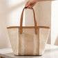 Woven Crochet Tote Bag with Textured Panel Design Leather Shoulder Strap Lightweight Handbag