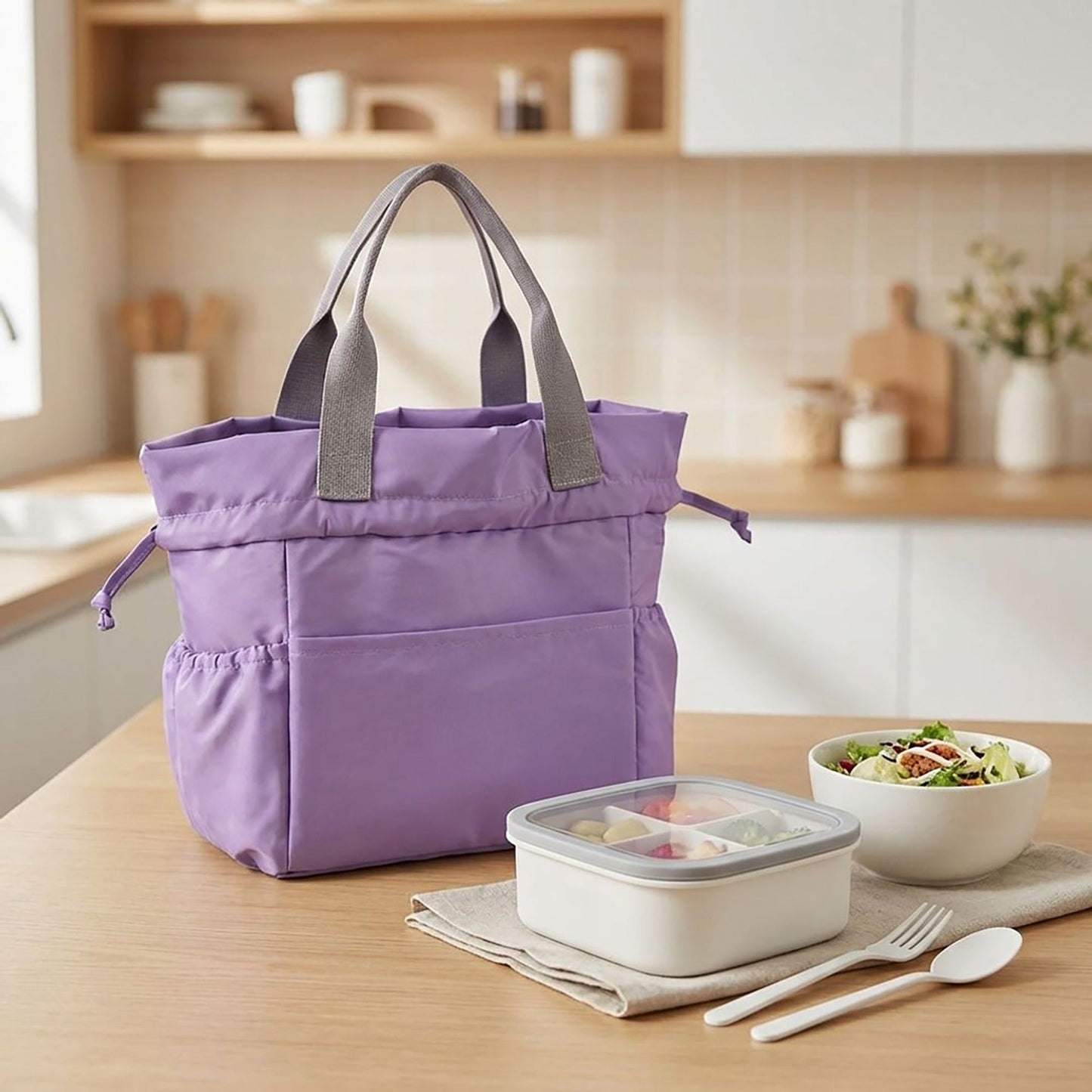 Reusable Lunch Bag with Drawstring Closure and Front Pocket Lightweight Thermal Food Tote