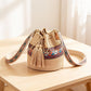 Woven Straw Bucket Bag with Pattern Strap Drawstring Closure Tassel Detail Crossbody Handbag