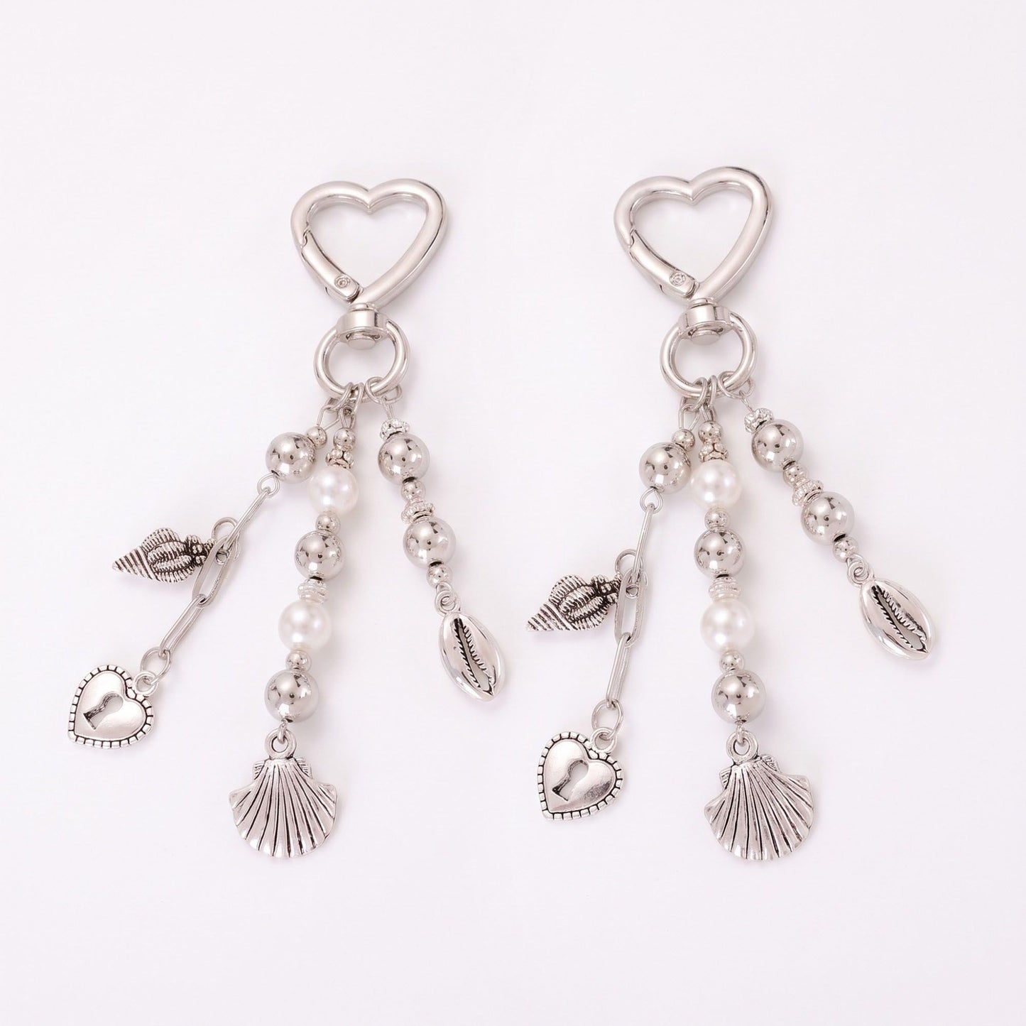 Seashell & Pearl Heart Clasp Bag Charm Key Chain 2 Pair