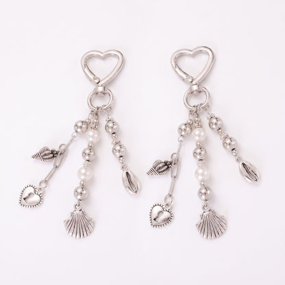 Seashell & Pearl Heart Clasp Bag Charm Key Chain 2 Pair