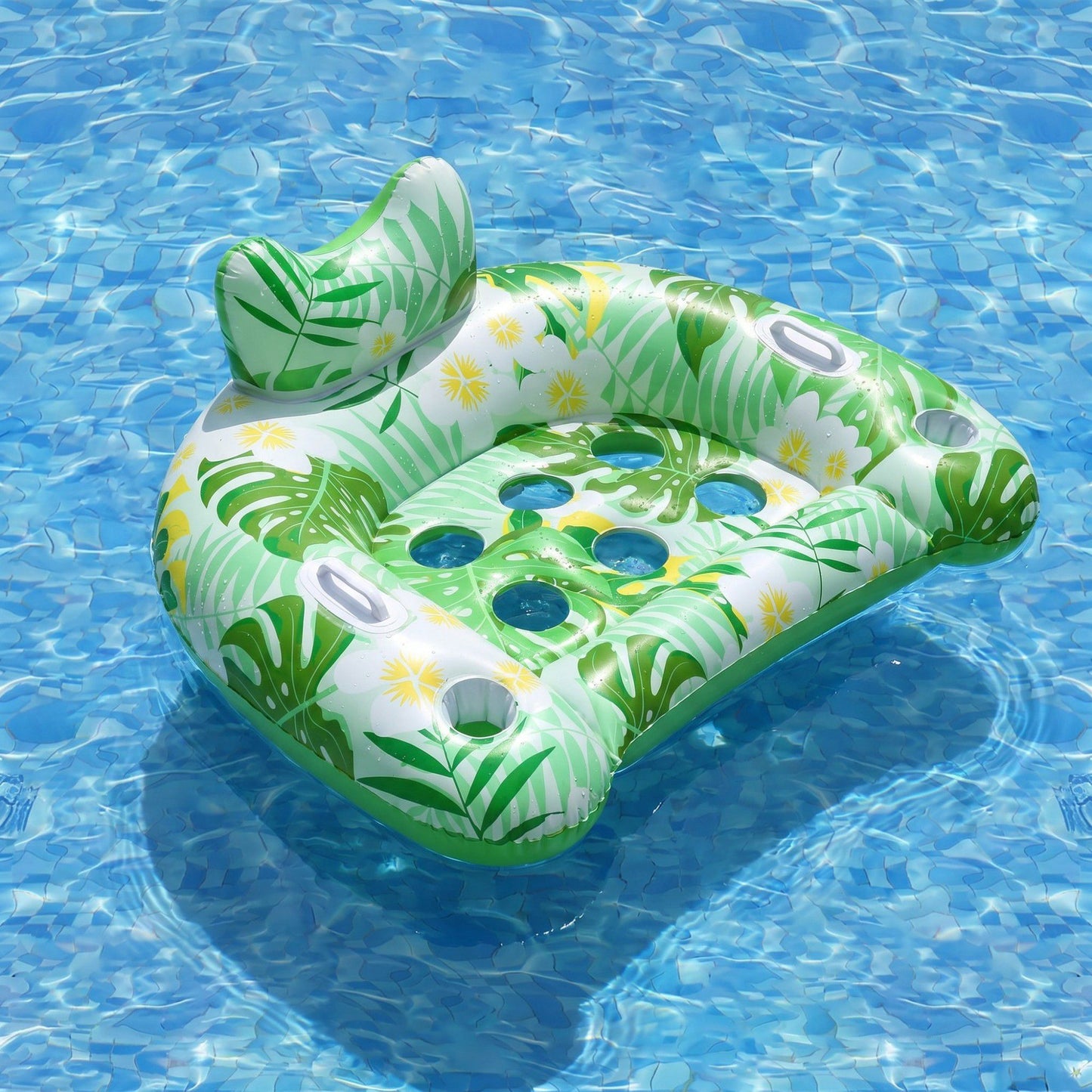 Inflatable Pool Lounger with Tropical Leaf Print and Cup Holders