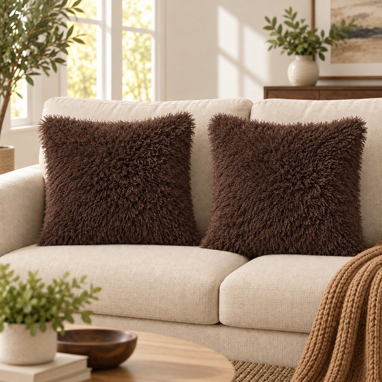 2 Pack Shaggy Faux Fur Throw Pillow Covers 18 x 18 Inch for Couch Sofa and Bed