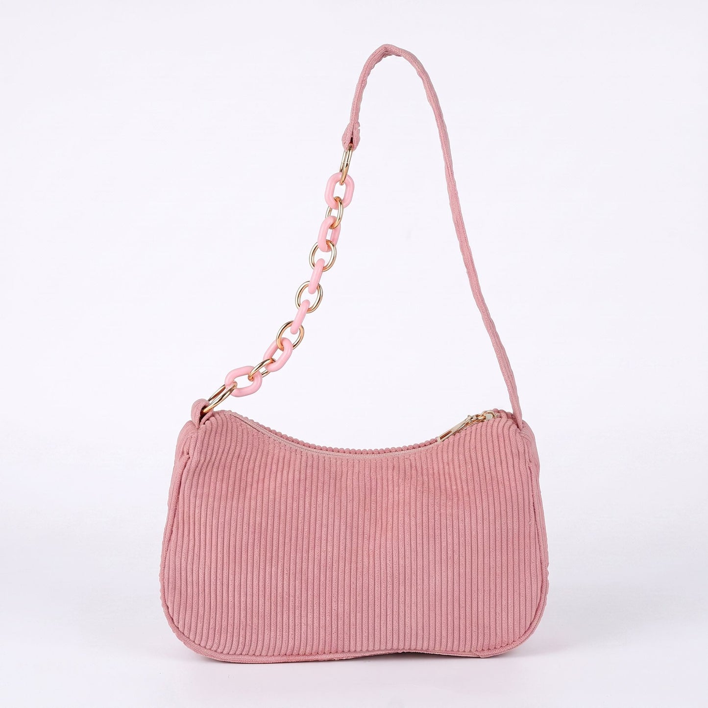 Small Corduroy Shoulder Bag with Mixed Chain Strap and Zip Closure