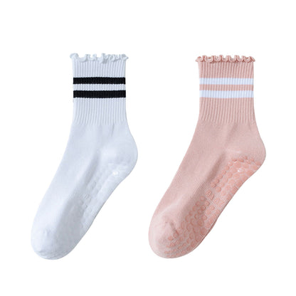 2-Pack Non-Slip Athletic Crew Socks with Ruffle Cuff and Stripe Detail Soft Stretch Fit