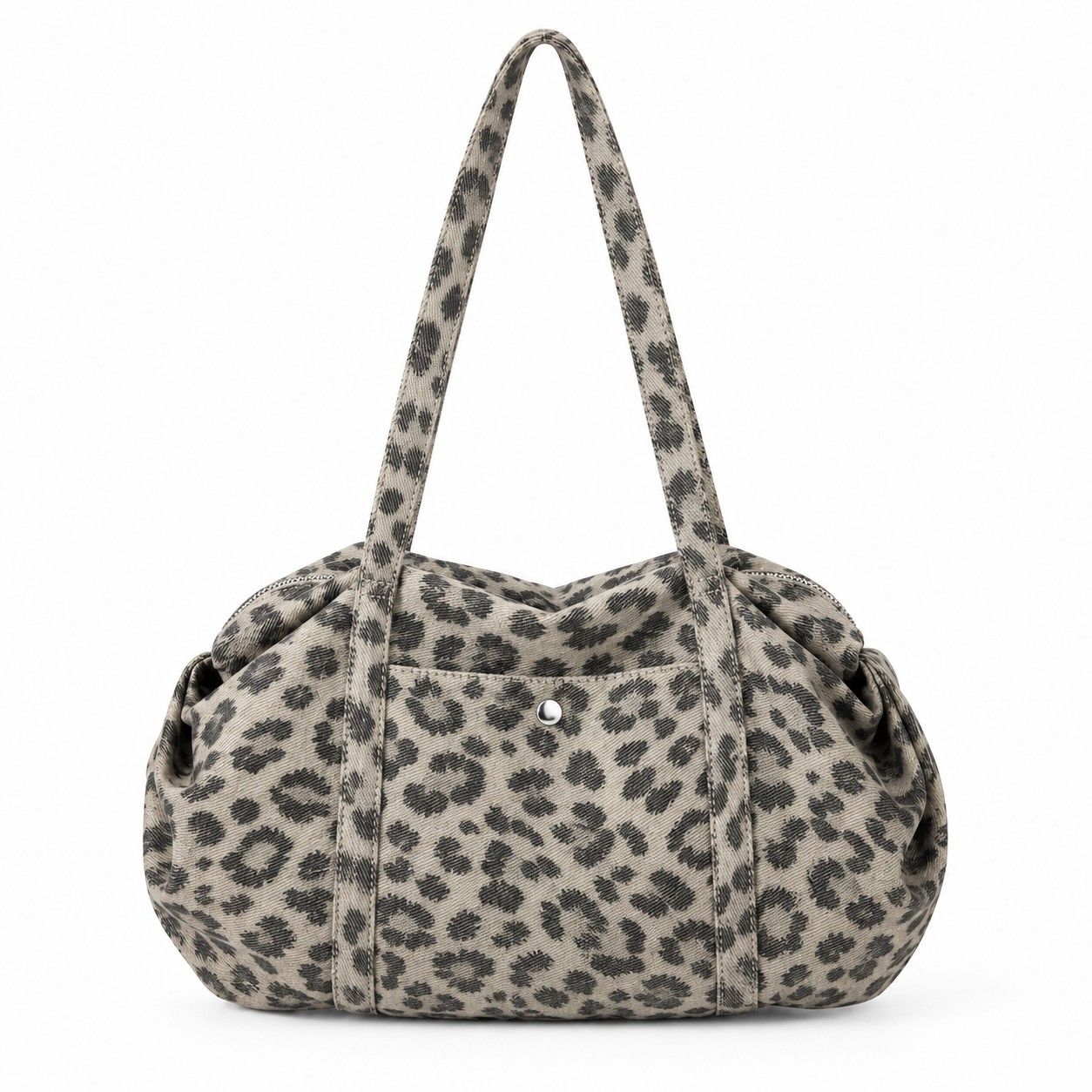 Leopard Print Barrel Shoulder Bag with Zip Closure and Interior Pockets