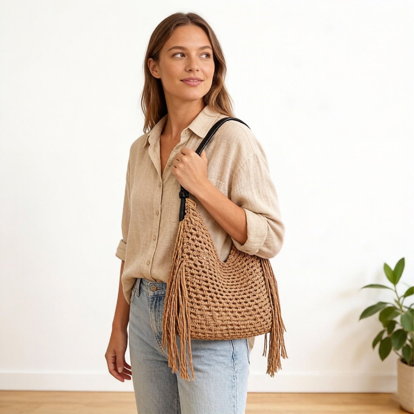 Woven Crochet Shoulder Bag with Fringe Detail Slouchy Hobo Style Lightweight Handbag