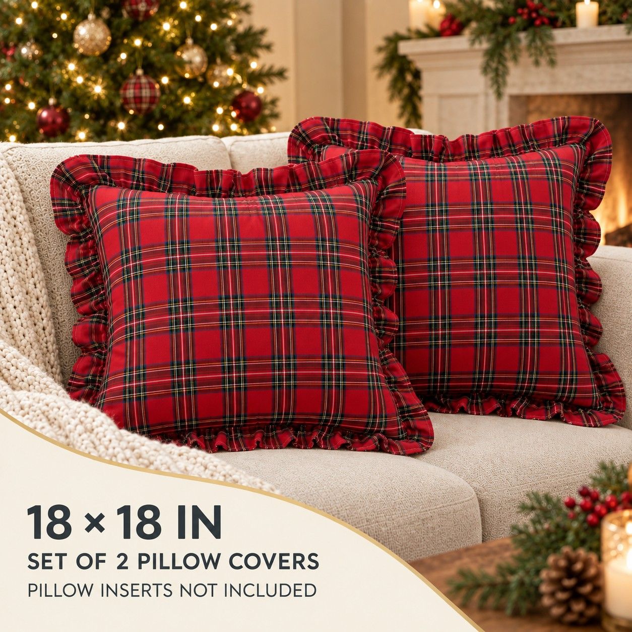 2 Pack Christmas Plaid Ruffle Throw Pillow Covers 18 x 18 Inch for Couch and Bed