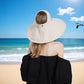 Wide Brim Sun Hat with Ponytail Hole Neck Tie Closure and Patterned Lining for UV Protection and Outdoor Style