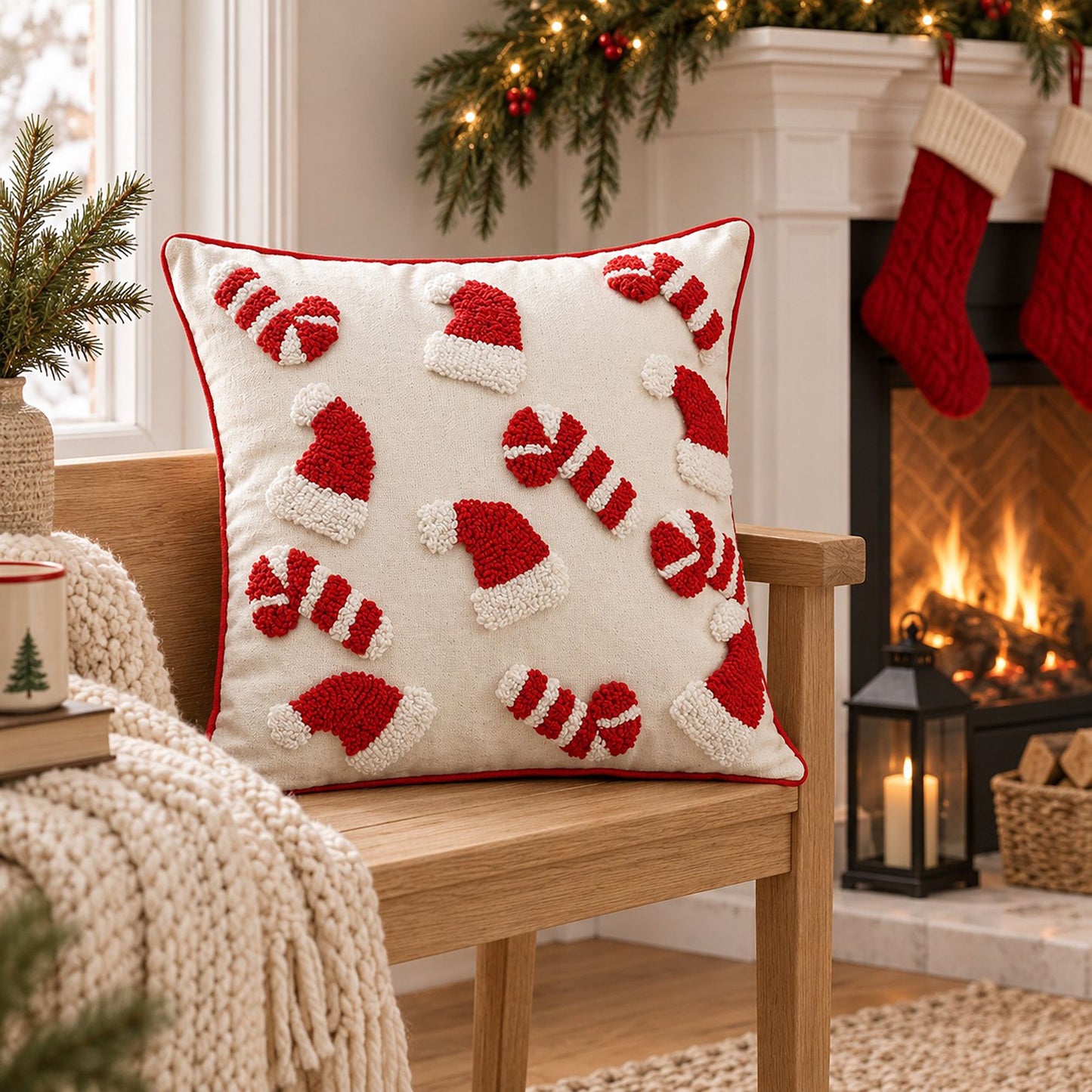 Christmas Santa Hat and Mitten Tufted Throw Pillow Cover