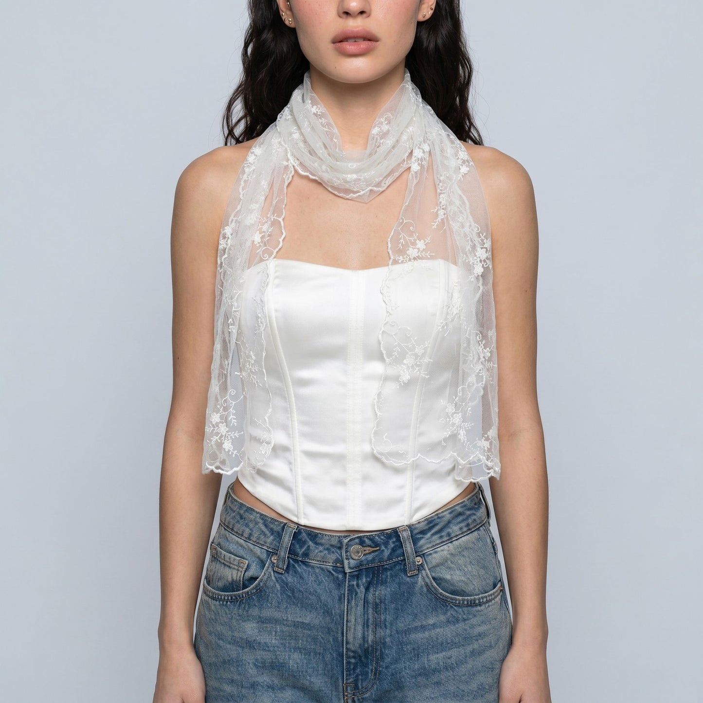 Sheer Embroidered Skinny Scarf with Floral Lace Trim and Long Neck Tie Design