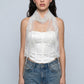 Sheer Embroidered Skinny Scarf with Floral Lace Trim and Long Neck Tie Design