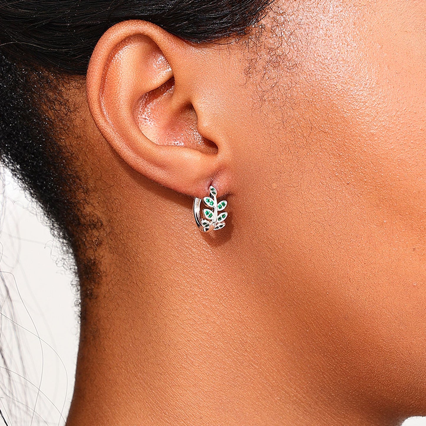 Women's Leaf - Shaped Hoop Earrings with Green Crystals