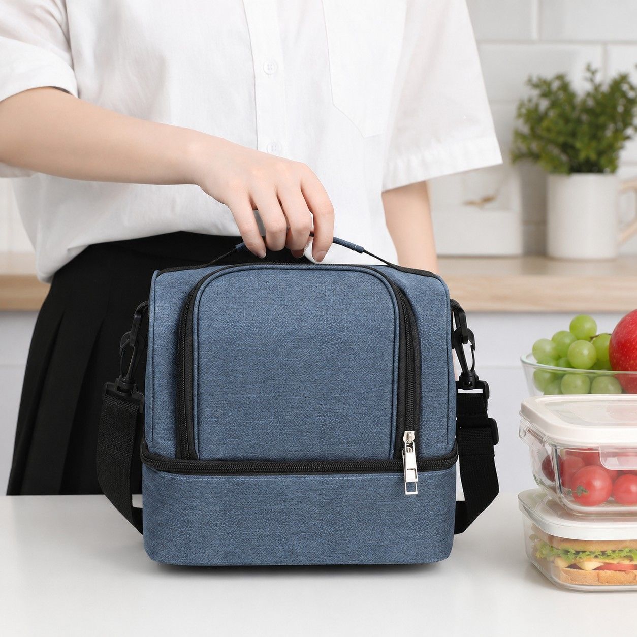 Dual Compartment Insulated Lunch Bag with Adjustable Shoulder Strap