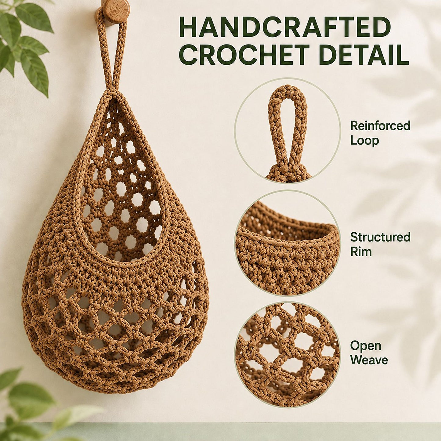 3pc Crochet Hanging Storage Basket Set Small Medium Large Wall Organizer Bins