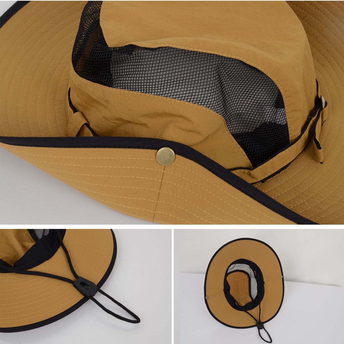 Wide Brim Outdoor Hat with Mesh Ventilation Snap-Up Sides and Chin Strap for Hiking, Beach, Travel, and Sun Protection