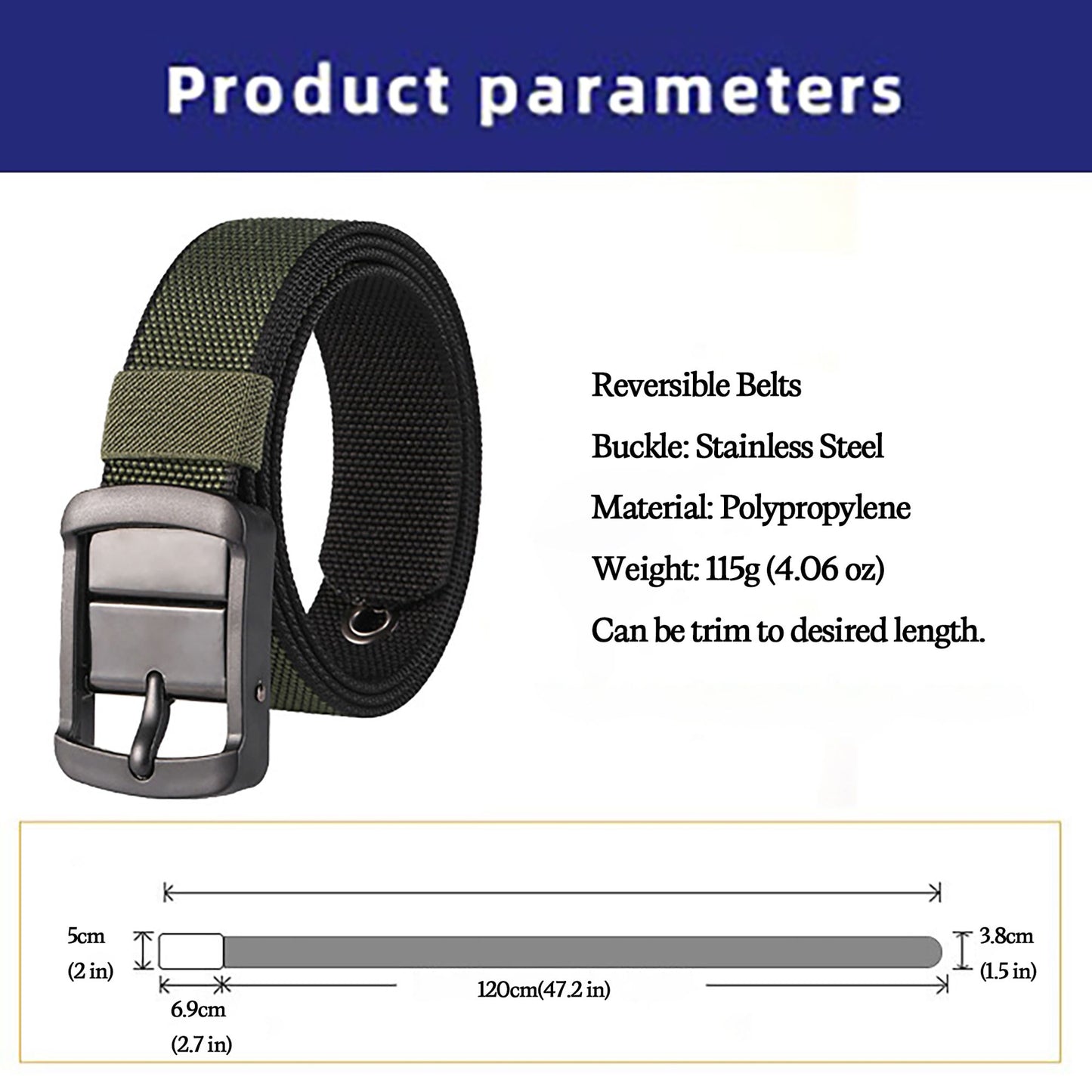 Reversible Belt - Adjustable Military-Style Belt with Stainless Steel Buckle