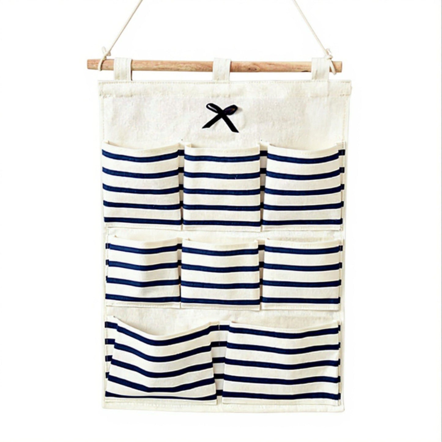 Hanging Wall Organizer with Navy Striped Pockets and Wooden Hanger 19.3x13.5 in