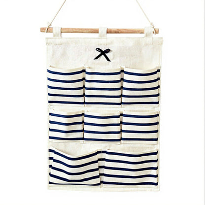 Hanging Wall Organizer with Navy Striped Pockets and Wooden Hanger 19.3x13.5 in