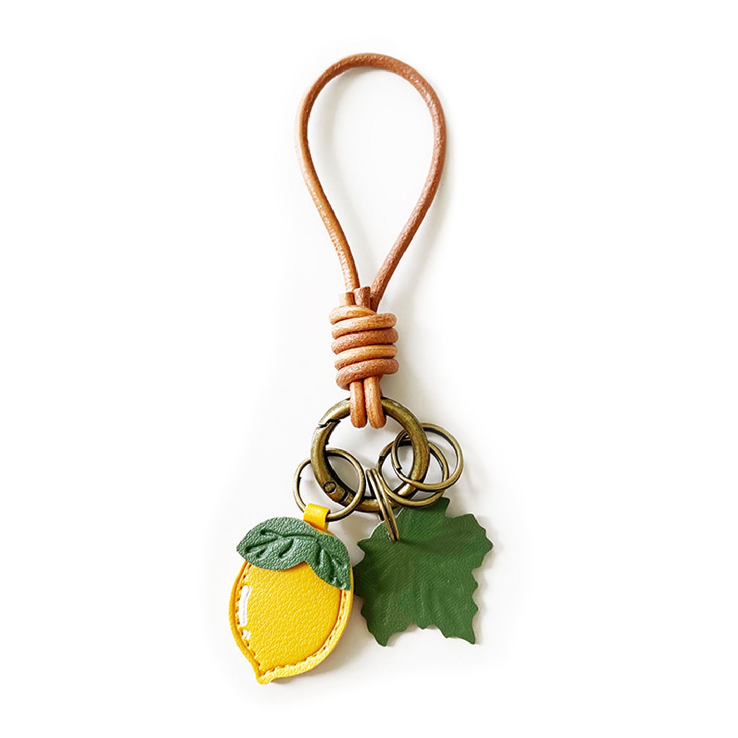 Vintage Fruit Bag Charm Keychain with Leather Cord Loop Leaf Accent and Key Rings