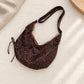 Leopard Print Suede Look Crescent Hobo Shoulder Bag with Zip Closure and Exterior Pocket