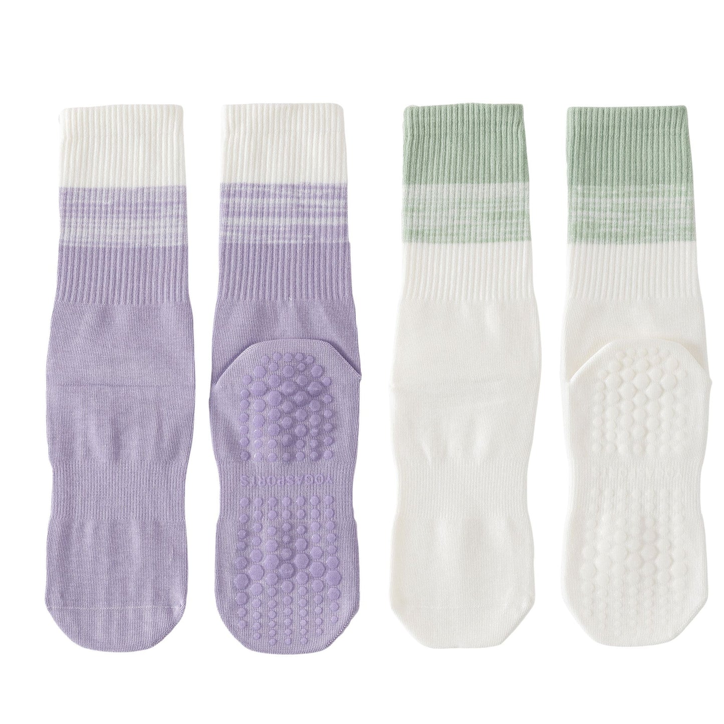 2-Pair Set Gradient Mid-Calf Grip Socks with Soft Seamless Toe and Anti-Slip Bottom for Yoga or Sneakers