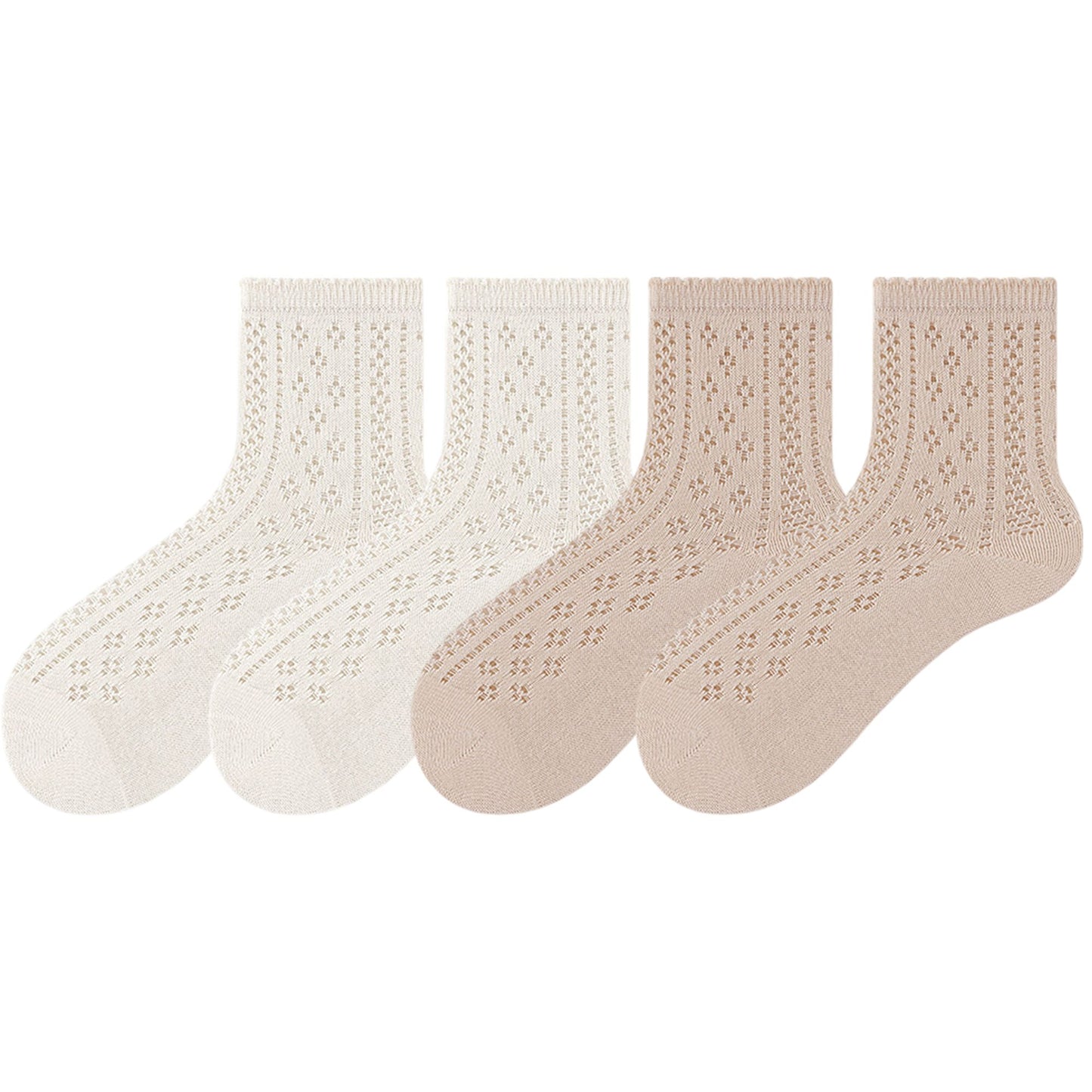 4 Pairs Women's Lace Knit Crew Socks Lightweight Breathable Mesh Style with Elastic Cuff in Assorted Patterns