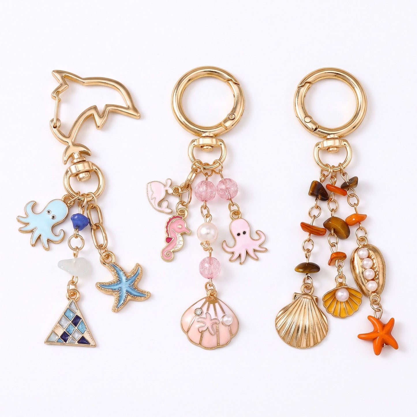 Ocean Life & Sea Creature Multi-Charm Bag Charm Key Chain 3-Piece Set