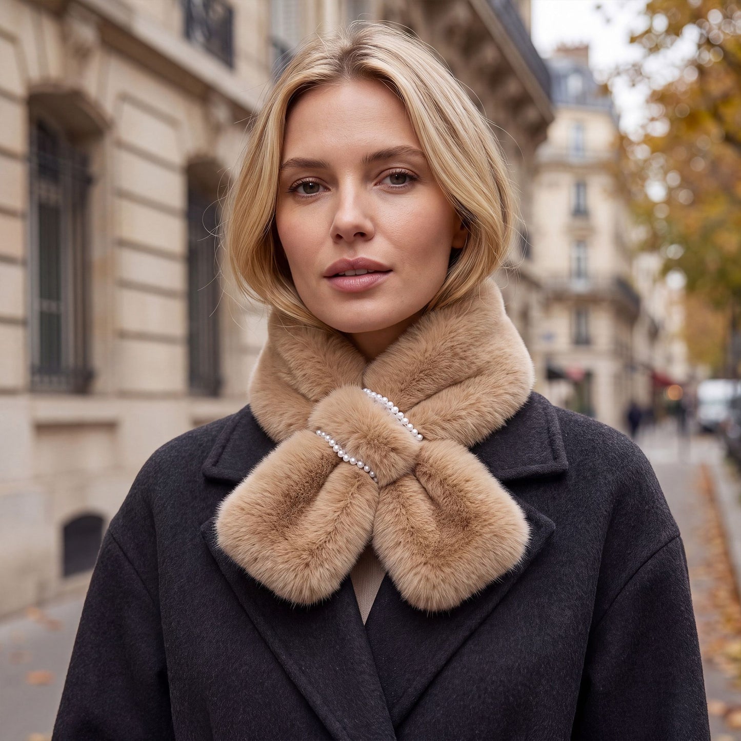 Plush Faux Fur Scarf Soft Slip Through Neck Warmer with Pearl Look Bead Trim 31.5*4.7 Inches