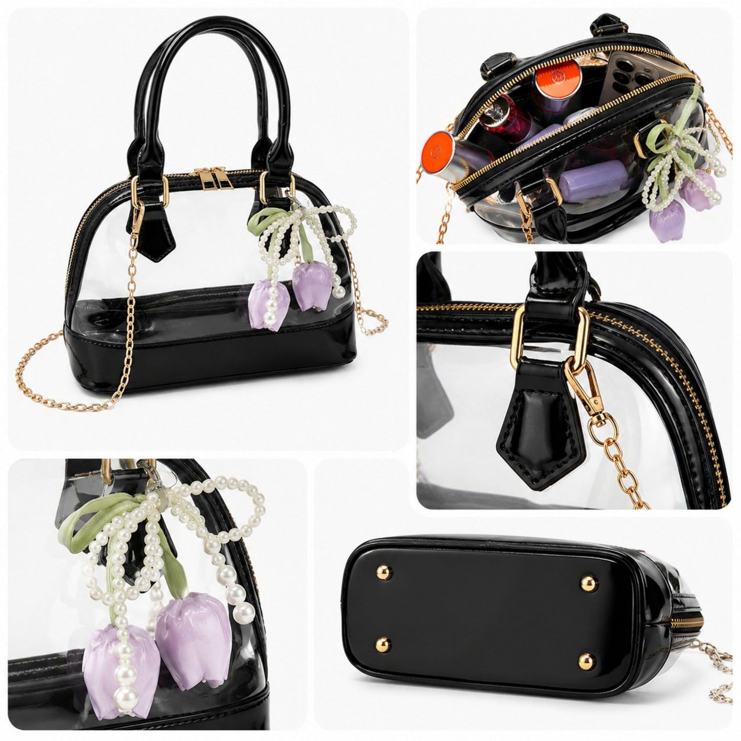 Clear PVC Mini Satchel Bag with Chain Strap and Floral Pearl Charm