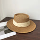 Straw Boater Hat Flat Top Wide Brim Summer Beach Sun Hat Lightweight