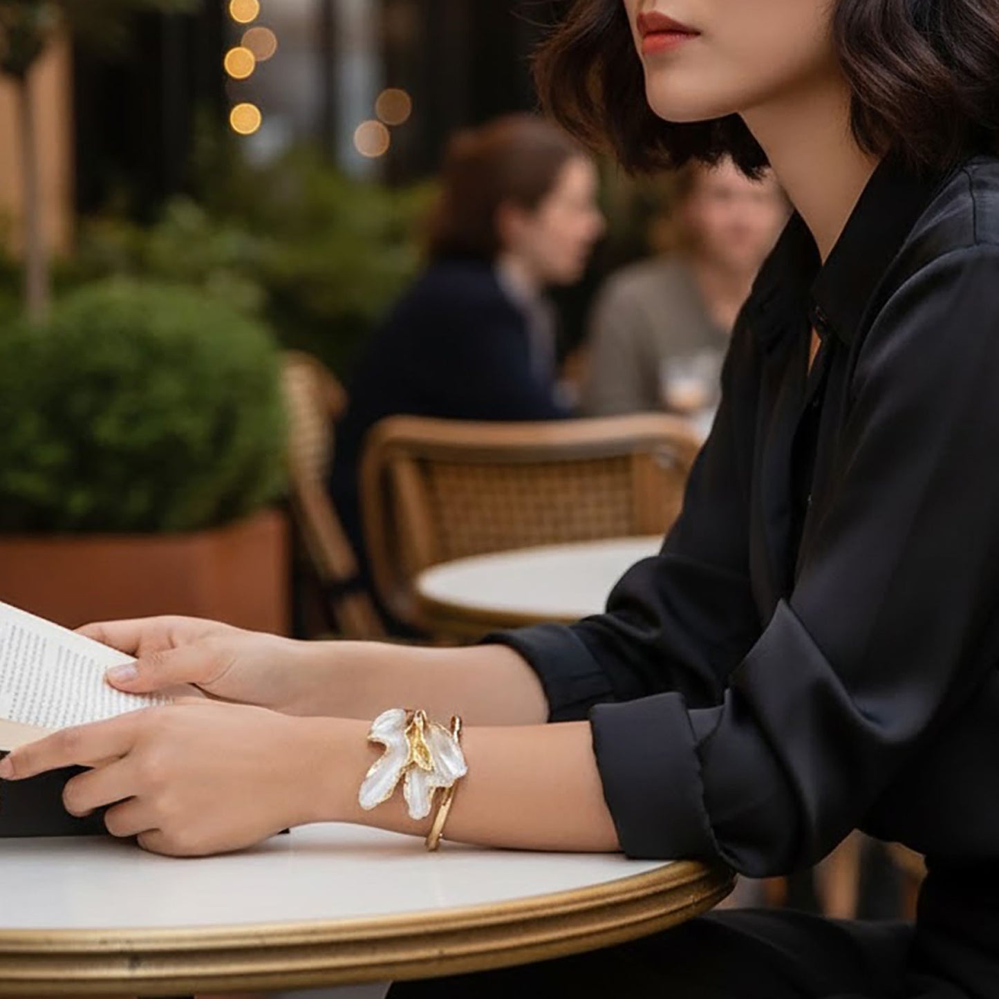 Women's Sculptural Flower Cuff Bracelet with Organic Petal Design and Gold Tone Open Band