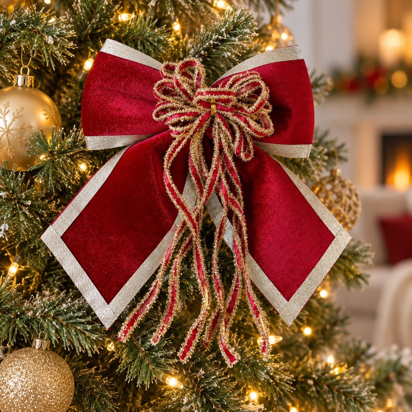 3ct Fabric Christmas Bow Decorations with Gold Trim Burgundy