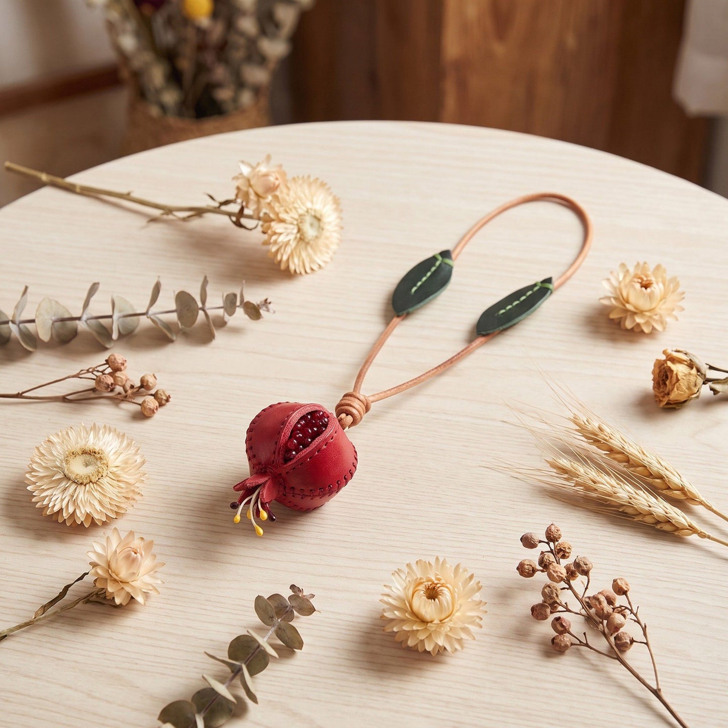 Pomegranate Bag Charm with Leaf Details and Loop Strap