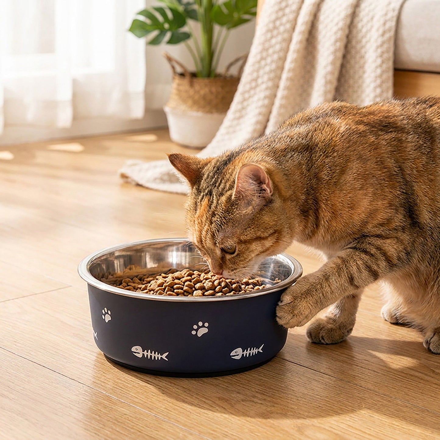 Stainless Steel Pet Bowl - Non-Slip Dog and Cat Food Dish with Paw Print Accent