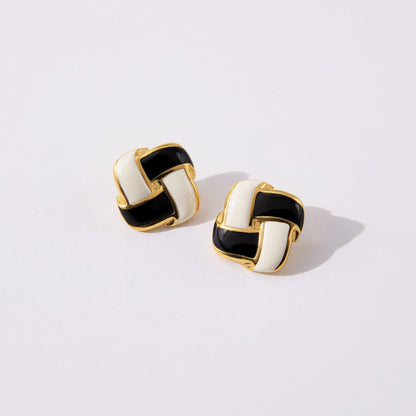 Women's Interlocking Enamel Square Stud Earrings with Gold Tone Frame and Classic Two-Tone Design