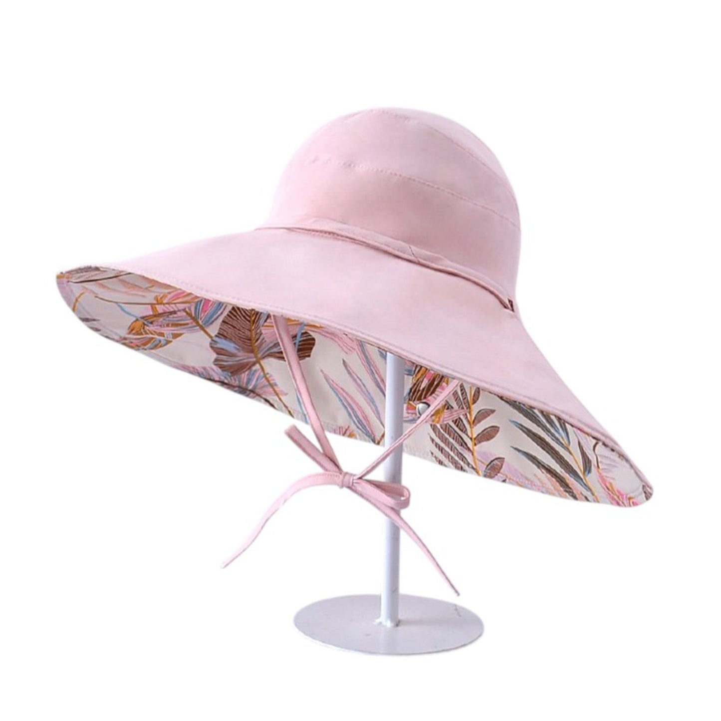 Wide Brim Sun Hat with Ponytail Hole Neck Tie Closure and Patterned Lining for UV Protection and Outdoor Style