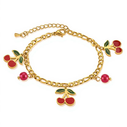 Cherry Charm Bracelet with Double Chain Links and Playful Fruit-Themed Pendants for a Cute Whimsical Accessory Style